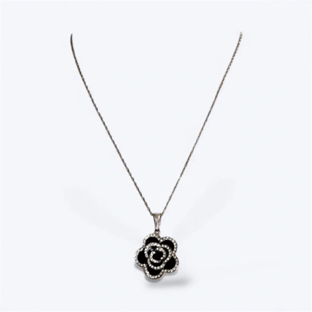 Black Camellias Flower Luxury Style Crystal Accents Necklace - Picture 4 of 11